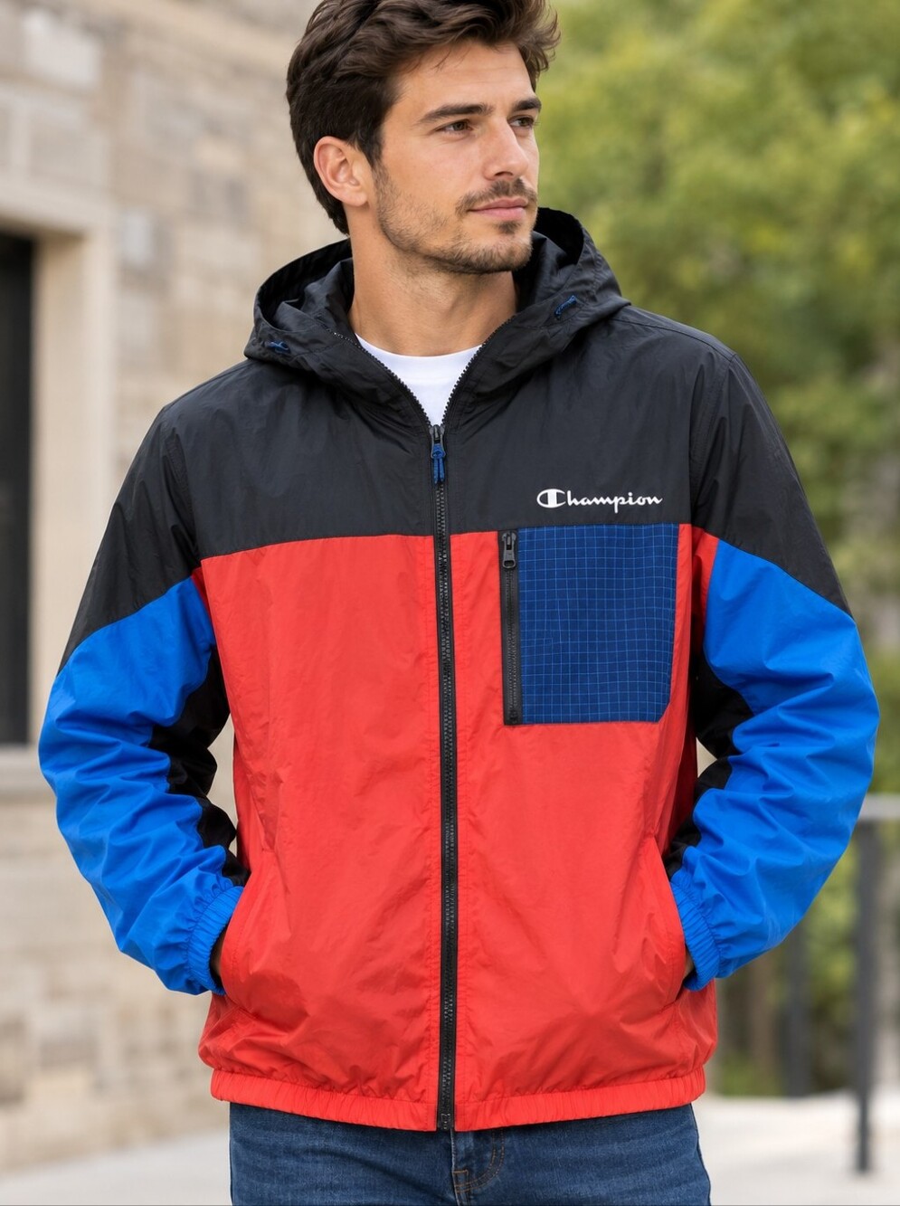 Champion Men's Black, Red, and Blue Windbreaker. Medium.